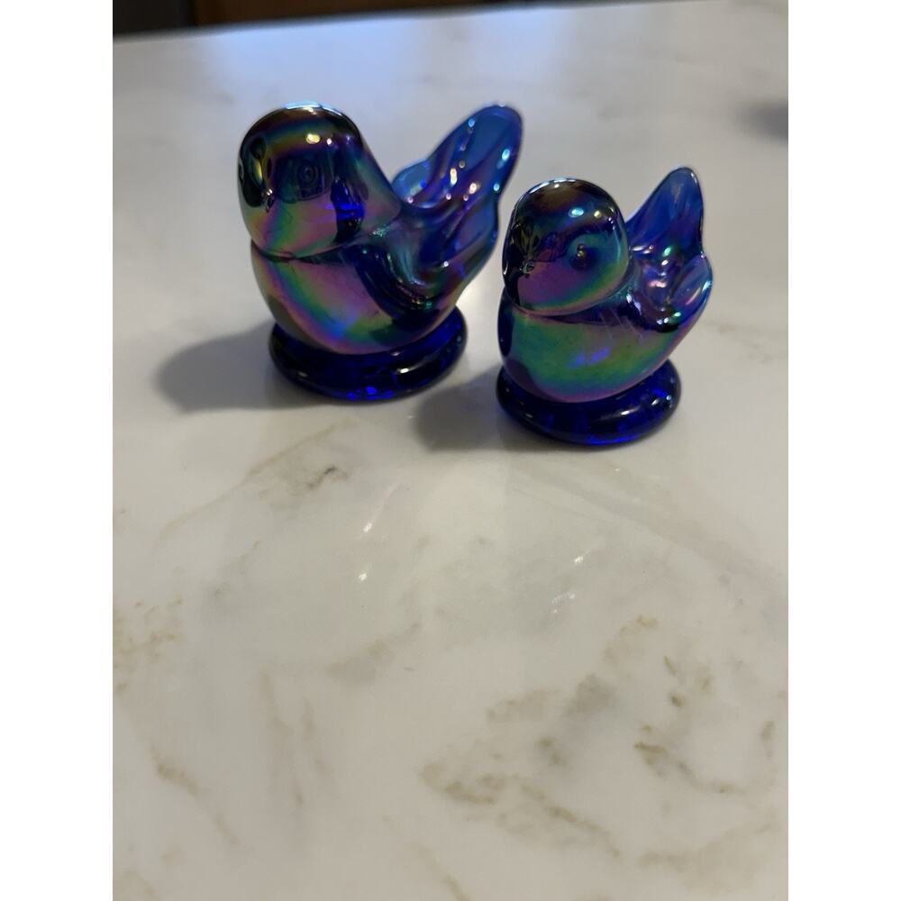 Signed Leo Ward 1996 Rainbow Carnival Glass Cobalt Blue Birds